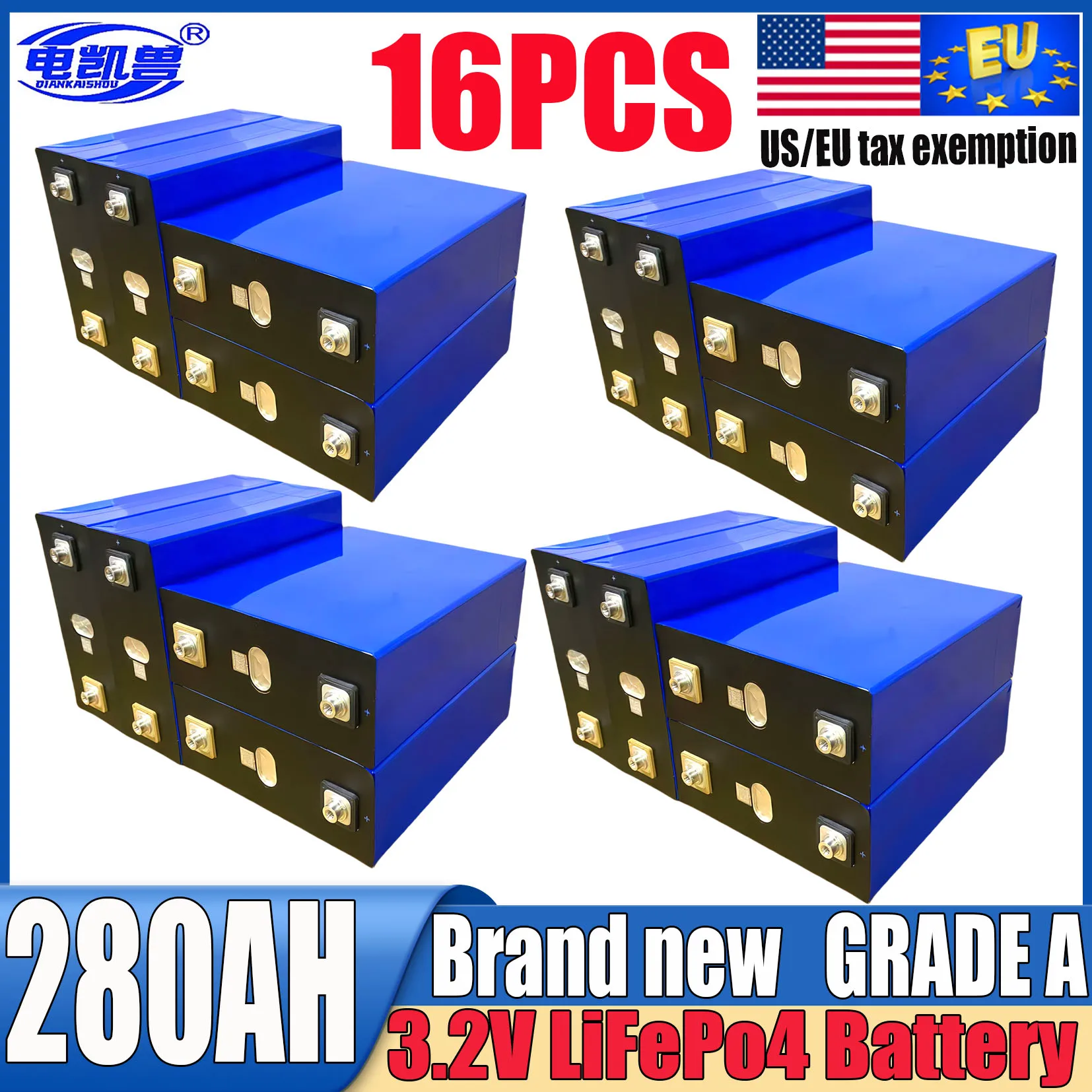 

16pcs new 3.2V 280AH lifepo4 battery DIY 48V A-level RV EV electric boat solar energy storage household battery US/EU duty-free