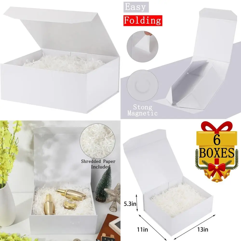 

Large White Gift Boxes with Magnetic Closure, 13x11x5.3 Inches, Including Crinkle Paper for Luxury Presentation