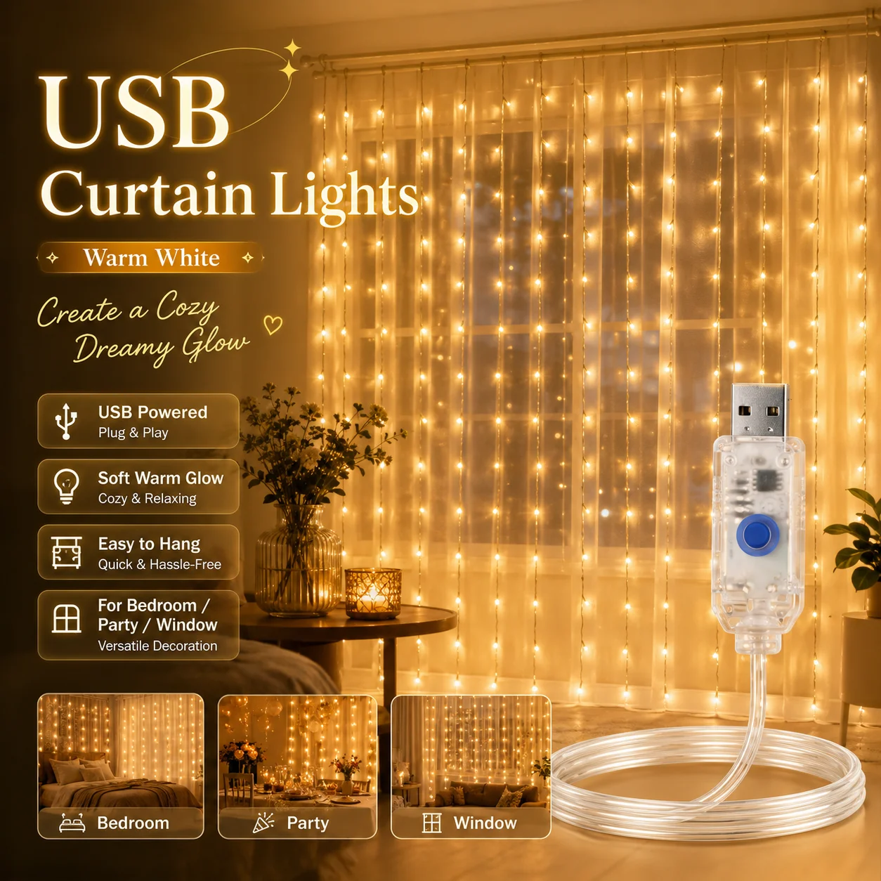 Curtain Lights LED Fairy String Lights USB Powered 3M Warm White Window Backdrop for Bedroom Wedding Party Christmas Decor
