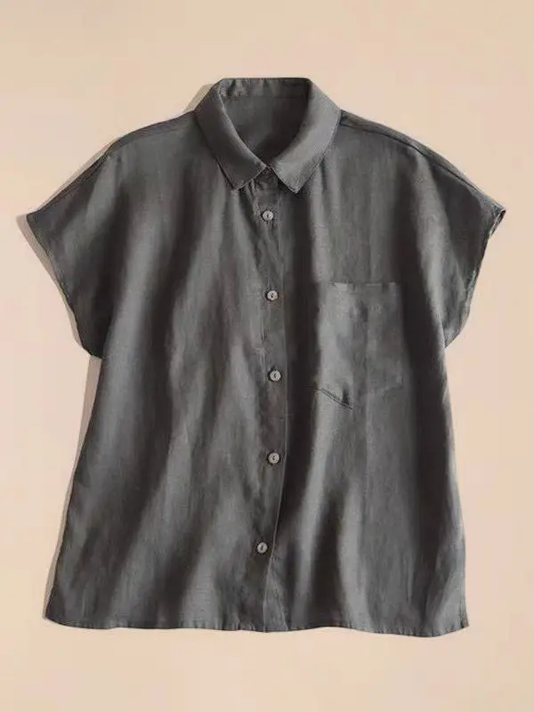 

Casual Cotton Linen ort Sve irt Women's Sle Summer New Simple Turn-down Collar Top Loose Fit Knitted Fabric Regular ...