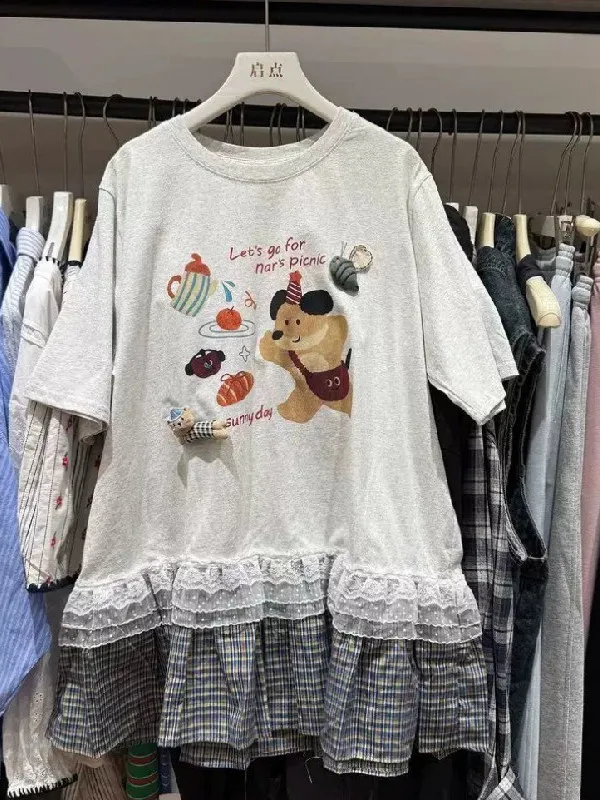 

plus Size Women's T-Shirt Lace Splice Short Sleeve Loose Fit Summer Casual Style Printed Fun Cartoon Design Polyester Fiber