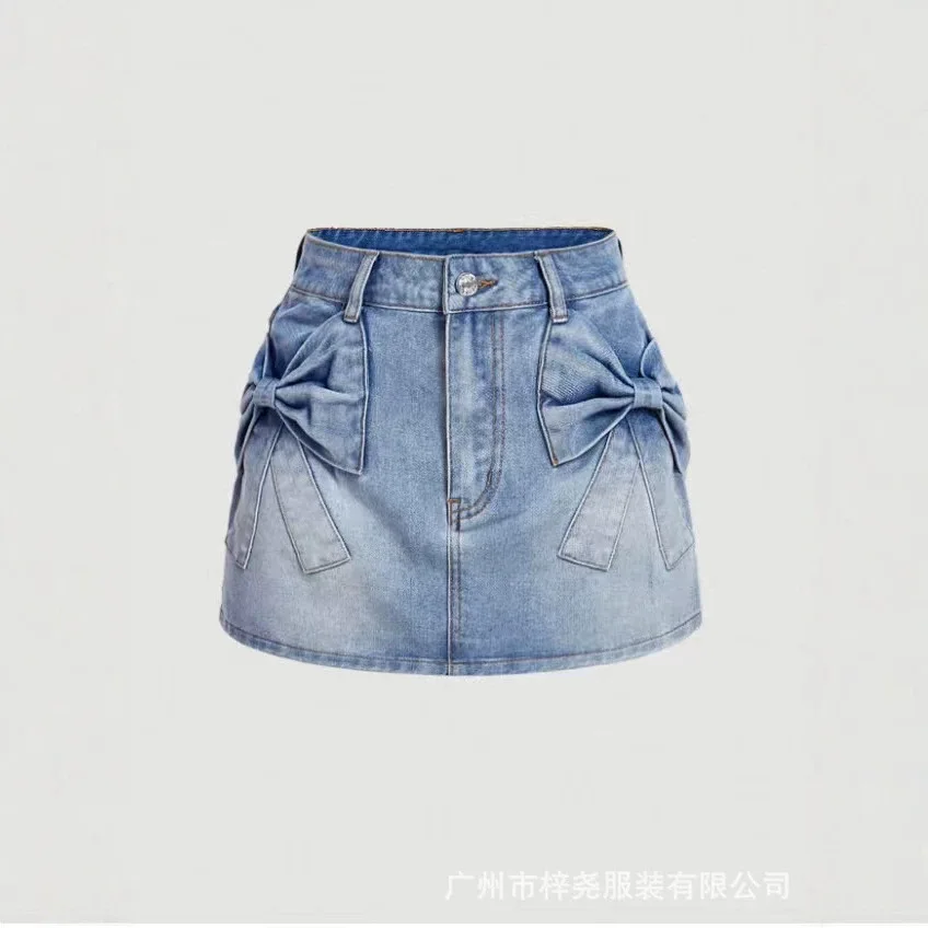 Summer 2026 New Women's Sexy Club Mini Short Denim Skirt with Bowtie Straight Leg Cute Mini Skirt for Ladies roupas feminina