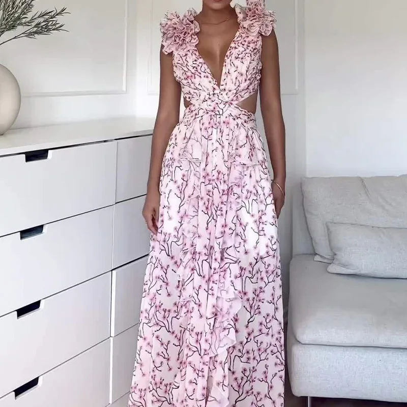 2025 Sexy Printing Deep V Neck Pleated Dress for Women Fashion Casua Lace-up Party Gowns Holiday Beach Backless Long Dresses New