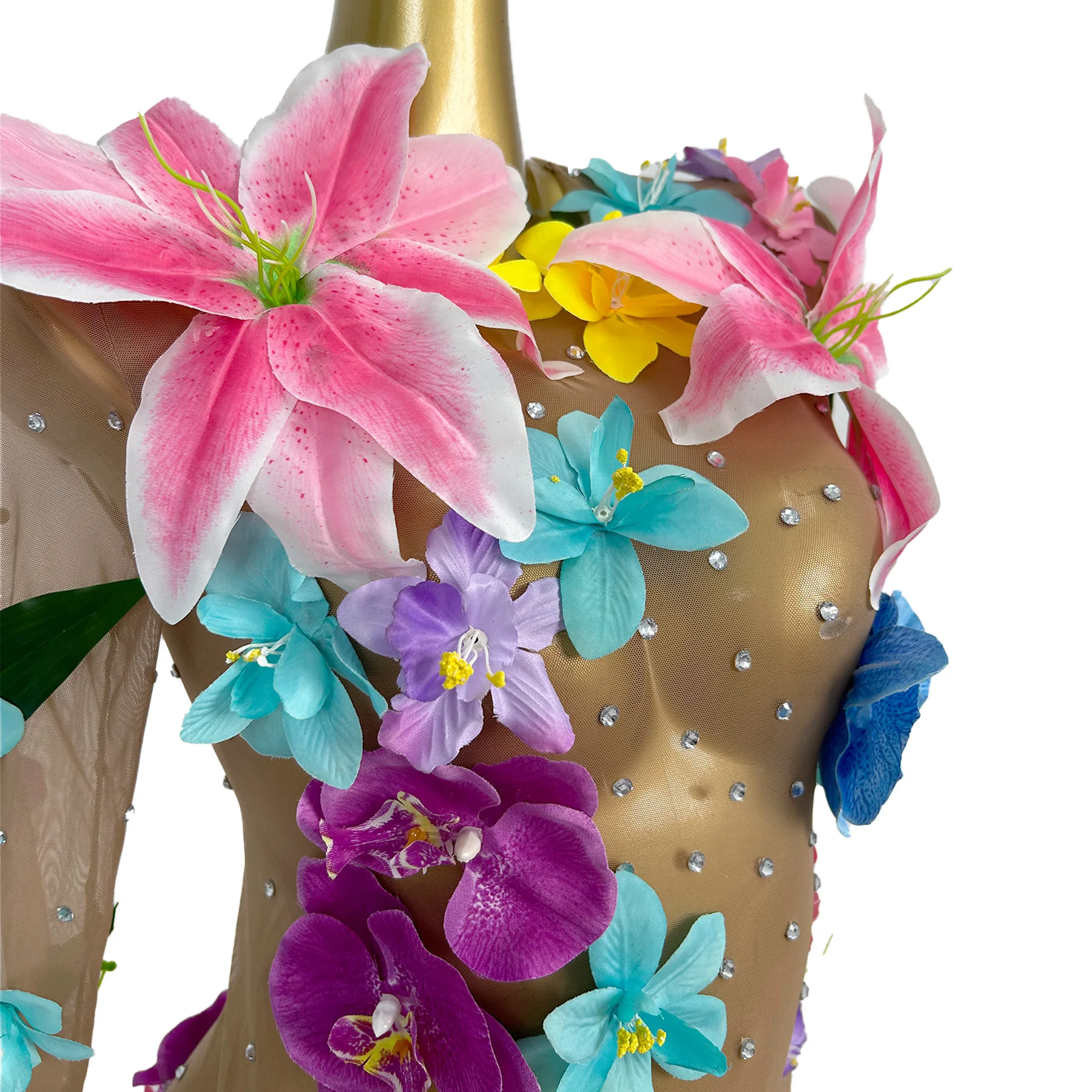Huaduo Sexy Perspective Jumpsuit Colorful 3D Flower Rhinestone Tight Shorts Bar Dancer Performance Outfit Themed Party Dress