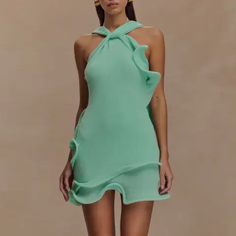 hirigin Women Knitted Halter Mini Dress Sleeveless Crochet Ruffle Edge Bodycon Short Dresses Y2k Sexy Beach Coverup Sundres