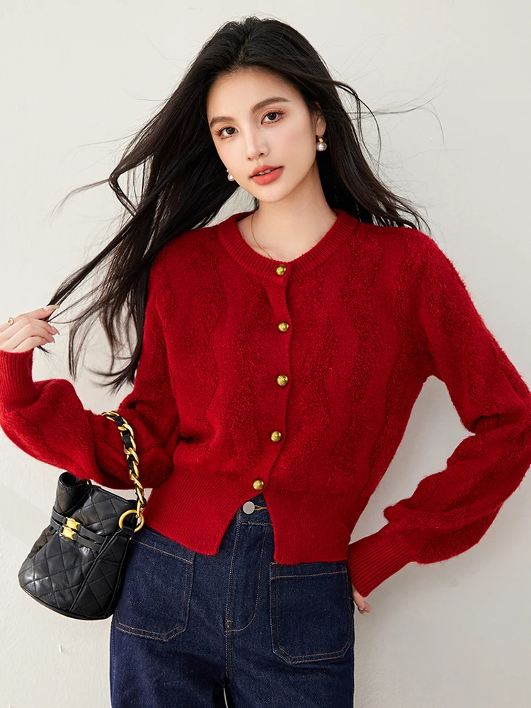 2024 Autumn Women's Red Sweater Retro Loose Long Sleeve Knitted Cardigan Fashion Single Breasted Female Sweater Top