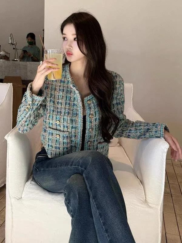 マンモスブルー サウスオイル ヘビーウェイト ウーブン ラグジュアリー オートクチュールコート 女性用 ゴールデンブルー レトロ スタイリッシュ アウターウェア