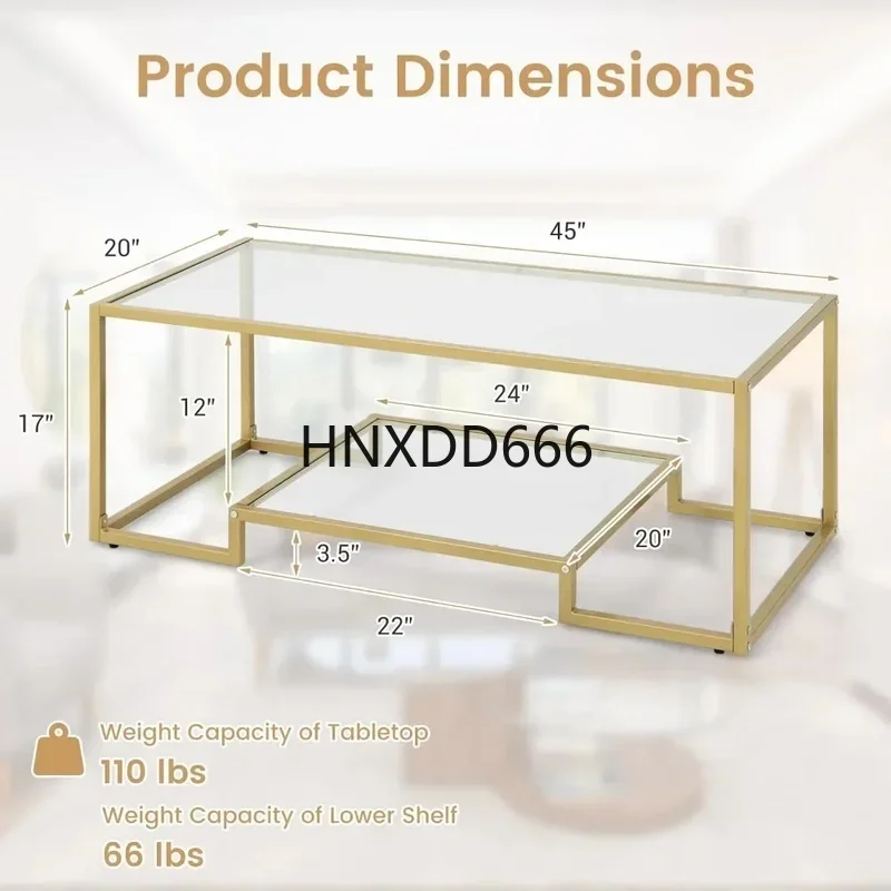 Modern Tempered Glass Coffee Table with Two-Tier Storage Shelf, Metal Frame and Adjustable Foot Pads, Small Rectangular Design