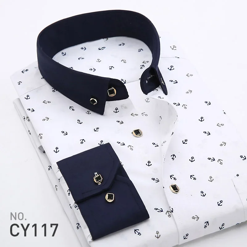 New Men's Printed Long Sleeve Shirt Korean Slim Youth Plaid Versatile Shirt Casual Fashion Floral Inch Shirt Iron-free Process