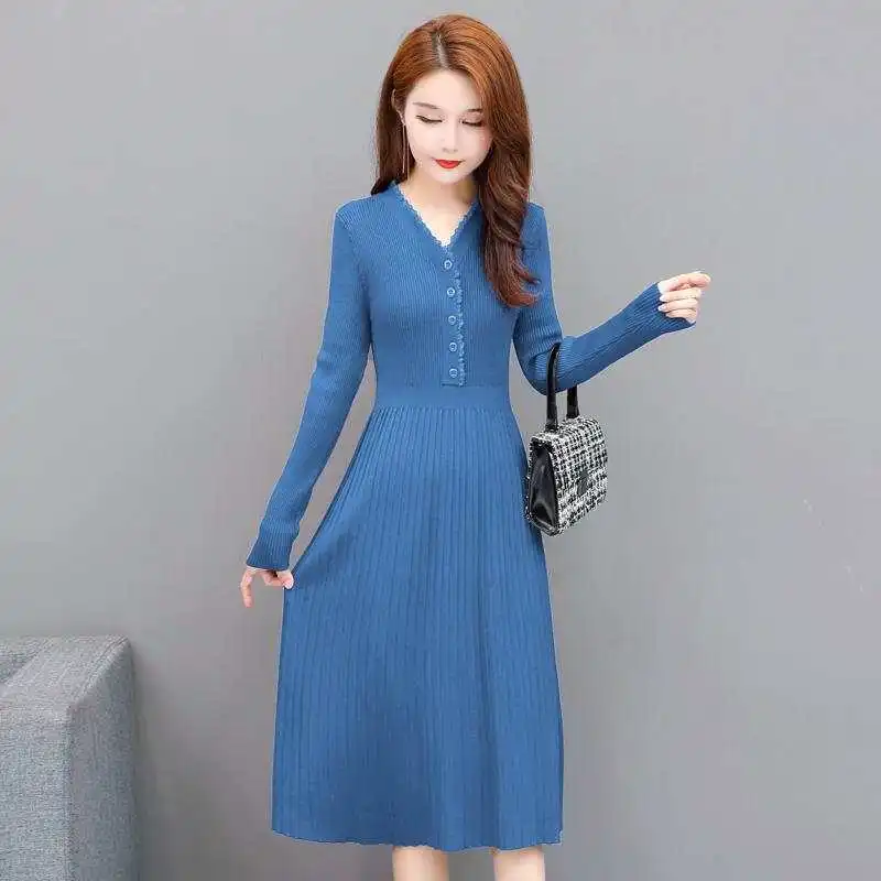 Womens Autumn and Winter New V-Neck Pullover Knit Sweater Button Solid Color Tighten the Waist Appears Thin Long Sleeves Dress