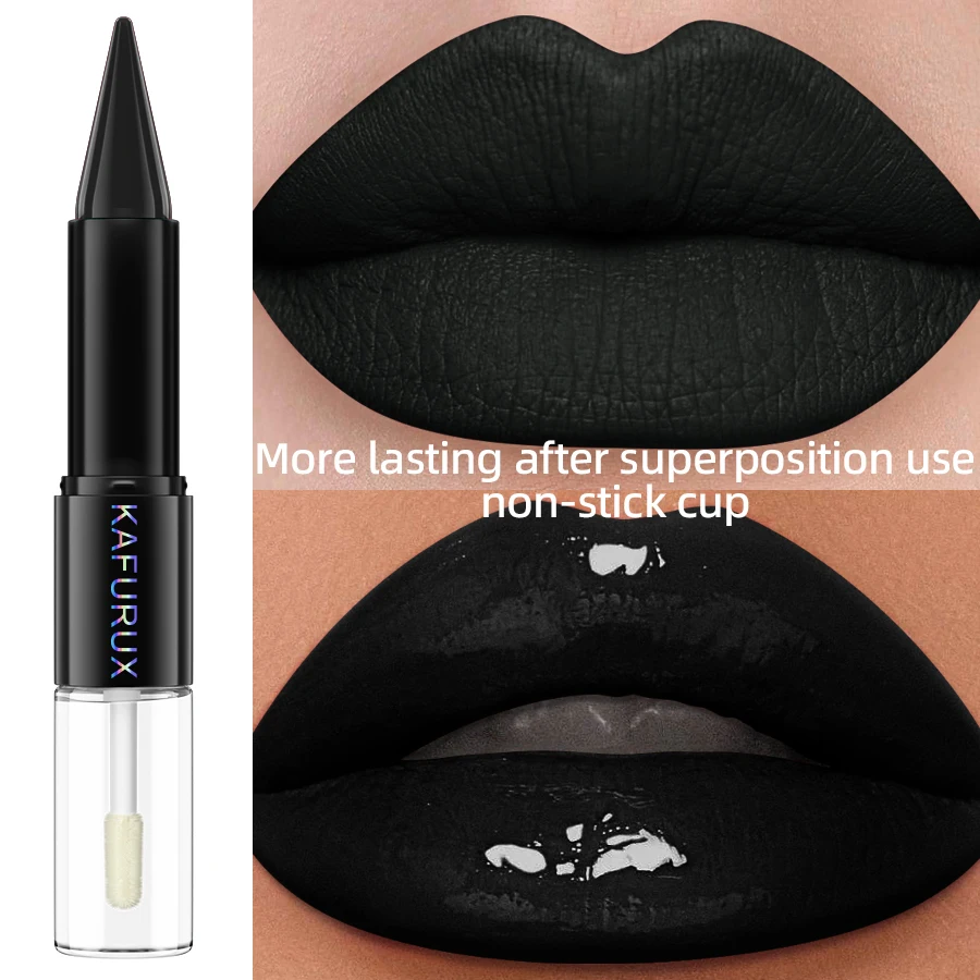 Black Matte 2 In 1  Double Head Lipstick Lip Coat Set Waterproof Coat 24HR Korean Makeup Gifts High Pigment Lip Tint Plumper