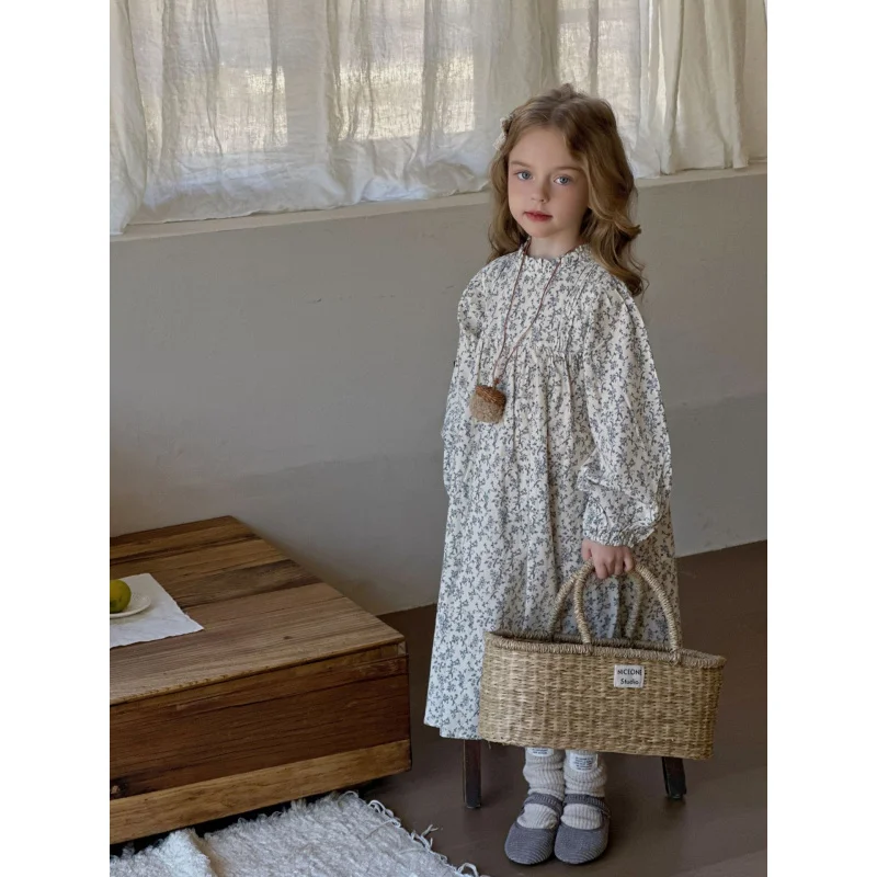 

Girls' Brushed Cotton Dress2025Spring New Children's Long Sleeve Princess Dress Baby French Floral Dress