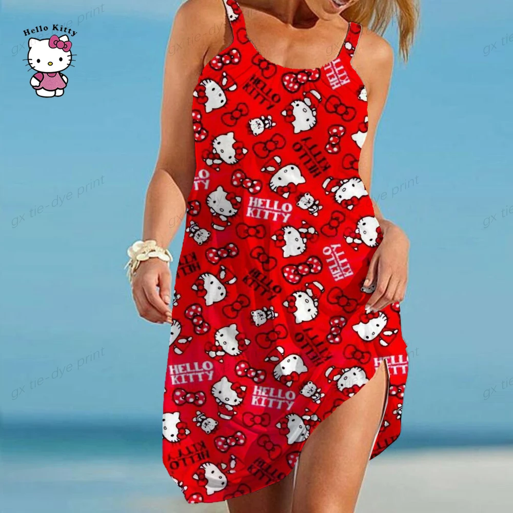 

Fashion Hello Kitty Printed Dresses Women 2023Summer Casual Loose Beach Tank Cotton Dress Female Spaghetti Strap Boho Dress Robe