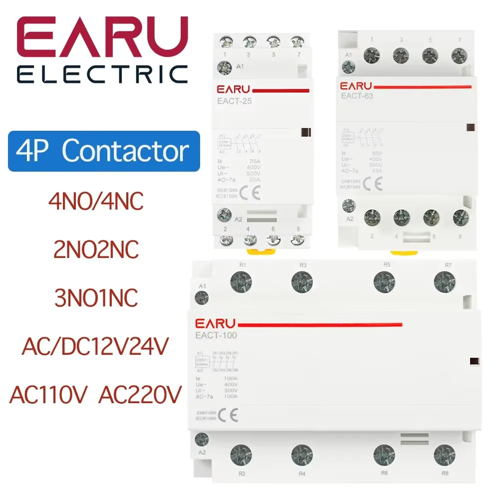 4P 16-100A AC/DC 24V 220V 50/60Hz Din Rail Household AC Modular Contactor Switch Controller 4NO 4NC 2NO 2NC DIY Smart Home Hotel