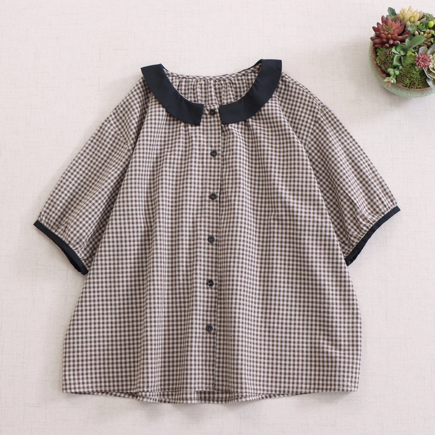 

Japanese Sweet Mori Girl Vintage Plaid Cotton Shirts Women Summer Cute Peter Pan Collar Short Sleeve Casual Loose Blouse Tops