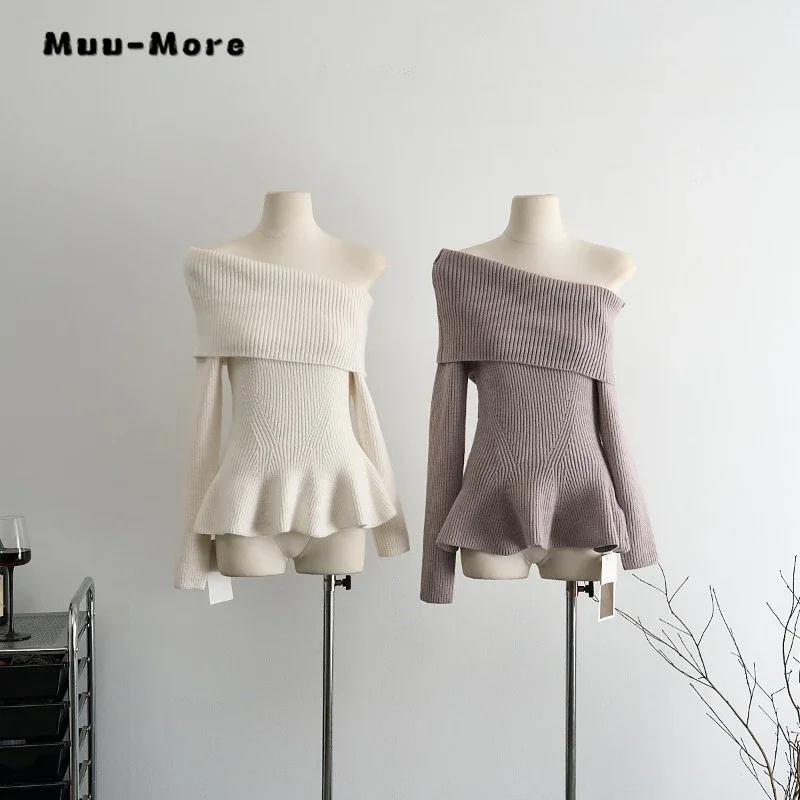 

2023 Winter Casual Hotsweet Off SHoulder Knitting Long Sleeve Pullovers Women Gyaru Solid Color Sheath Ladies Sexy Sweater