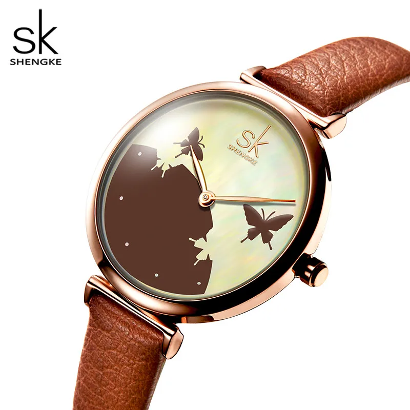 Montre Femmes Shengke Women Quartz Wristwatches Original Design Woman\'s Leather Strap Watches Reloj Para Mujeres zegarek damski