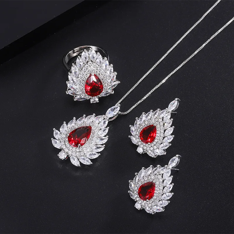 

S925 Silver Needle European and American Fashion Jewelry Accessories Set Pigeon Blood Red Ruby Pendant Necklace for Women