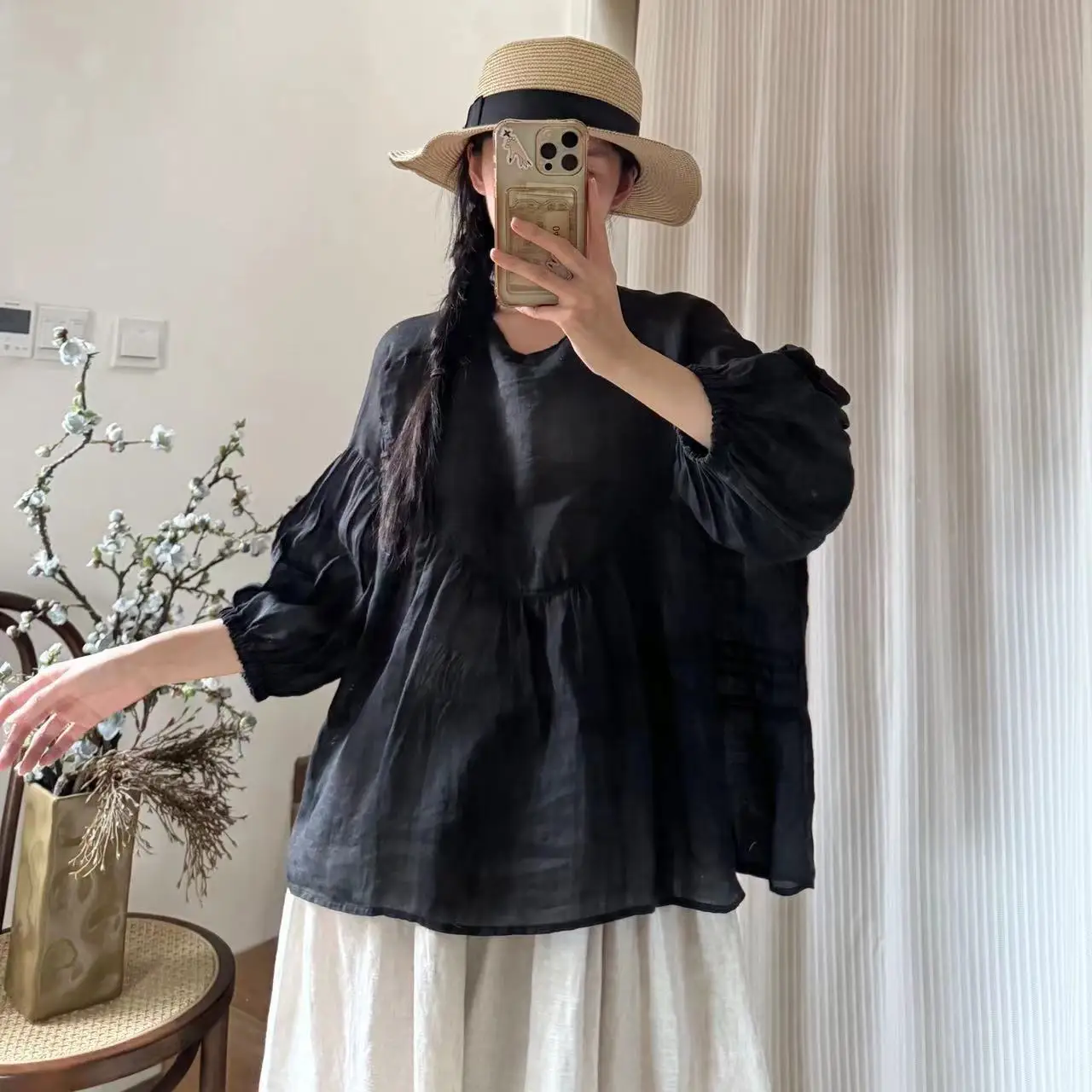 

Johnature Ramie Mid-sleeve Crew Neck Lace French Top Women Spring New Shirt Ramie Fashion Thin Loose Casual Shirts