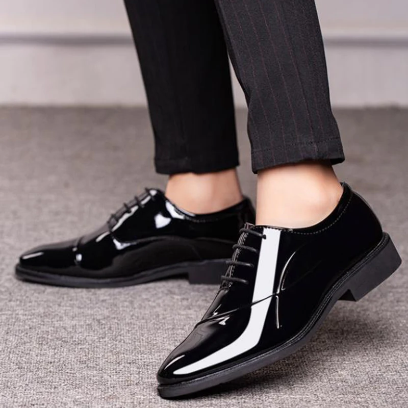 PU Patent Leather Shoes for Men Oxfords Lace Up Male Wedding Party Office Work Shoes Elegant Designer Brand Dress Shoes for Men