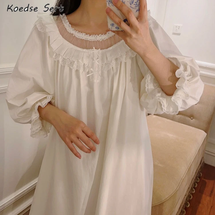 

2025 French style women's nightgown spring exquisite lace lace lace long sleeved cotton palace style nightgown night dress women