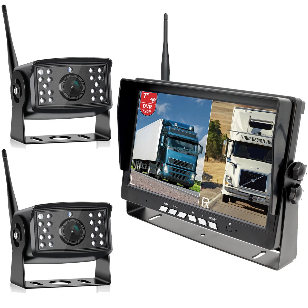 Wireless Backup Camera System Dash Camera 7' IPS AHD Monitor DVR Dual/Quad + 2pcs Wireless Rear View Camera For Truck Bus RV
