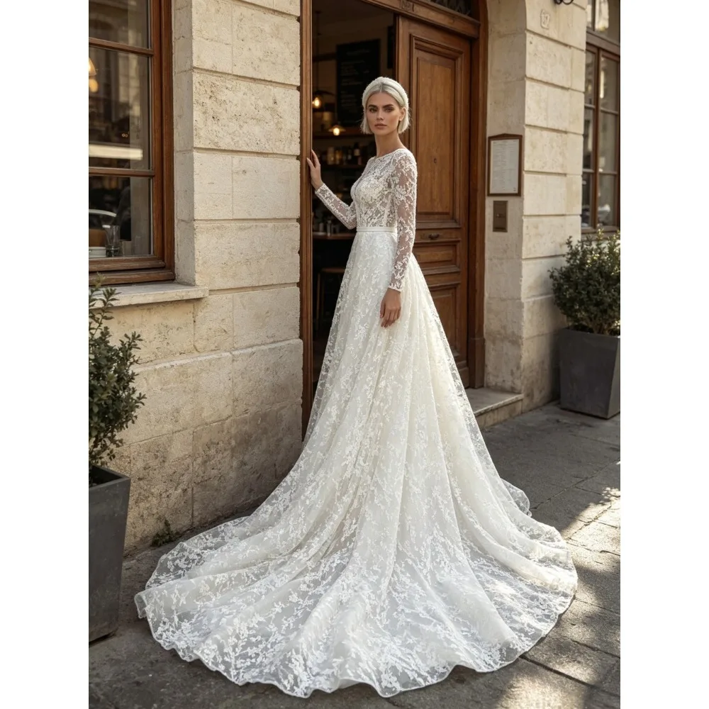 Customized Luxury Lace Long Sleeved Wedding Dress 2026 Heart-shaped Neckline with Sequins and Pleated Edges Suitable for Parties