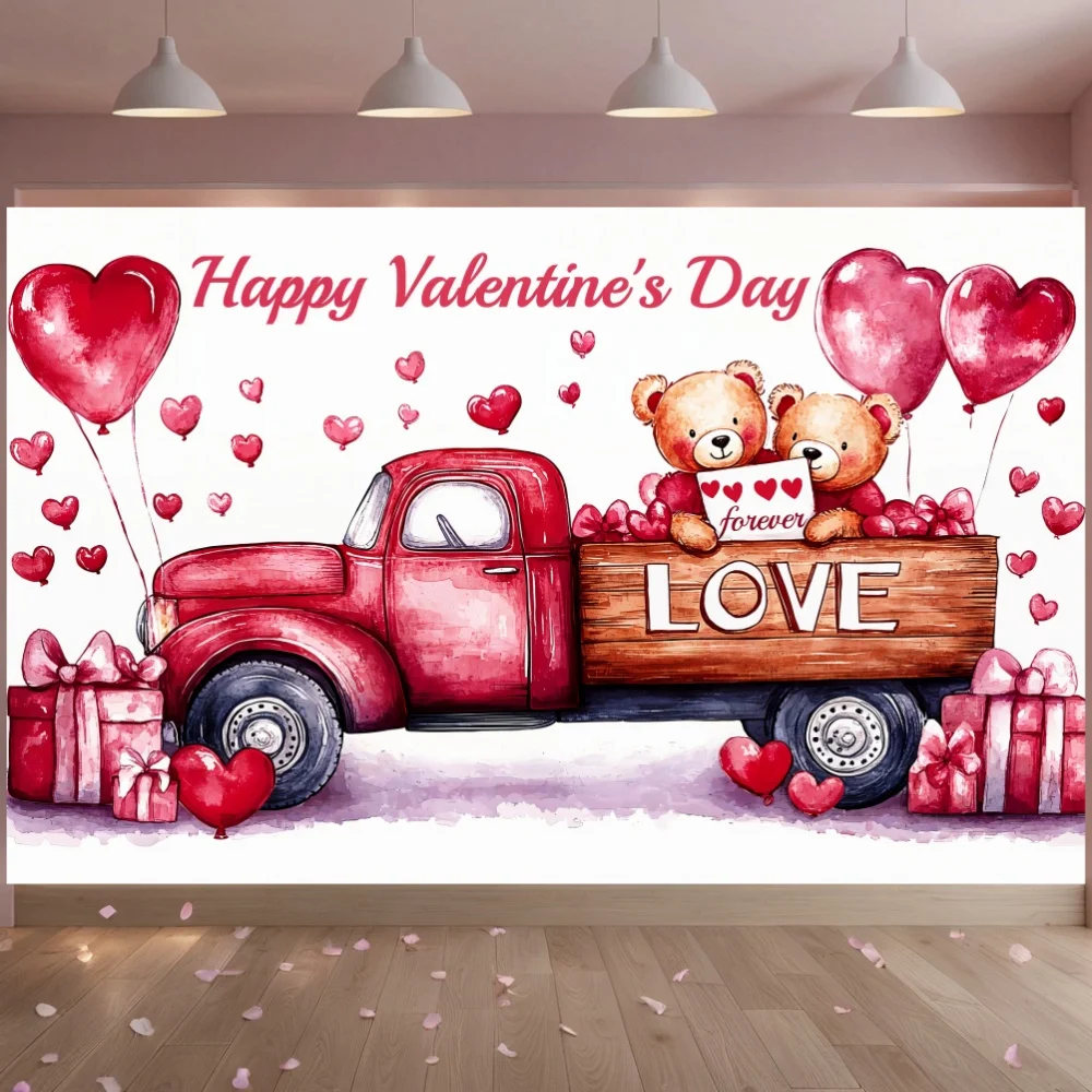 Valentine's Day Theme Party Background Banner Bear Truck Love Balloon Decor Backdrop Flag Indoor Outdoor Photography Photo Props