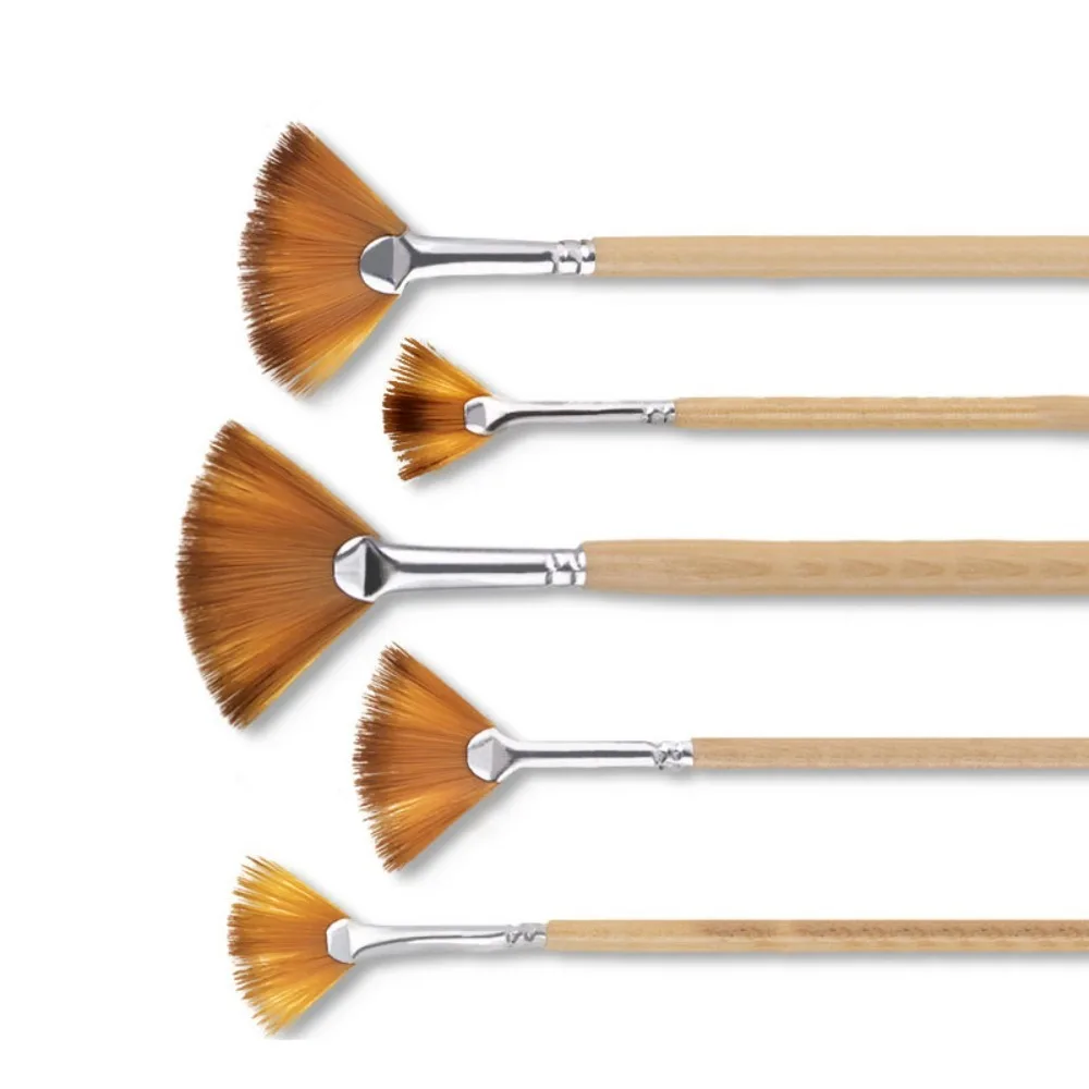 5pcs Acrylic Watercolor Paint Artist Fan Paint Brushes Painting Tool Nylon Hair Different Fan Shape Pens Brown Wooden