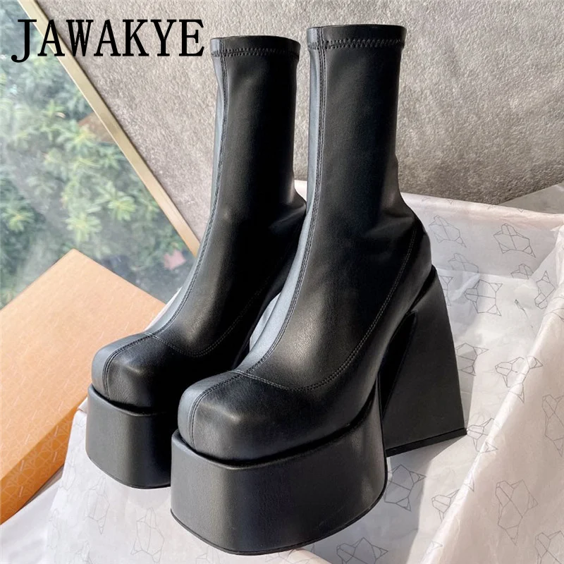 

5.5 CM Platform Boots for Women Genuine leather Short Boots Thick Bottom Spring Strange Heels Women's Boots Female Runway Botas