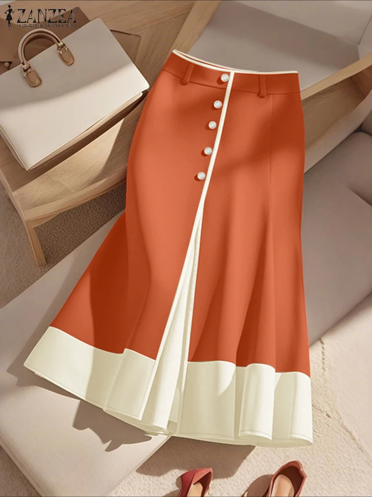 ZANZEA Stylish Women High Waist Office Skirts Patchwork Party Jupes Elegant A-line OL Work Faldas Saia 2025 Autumn Midi Skirt