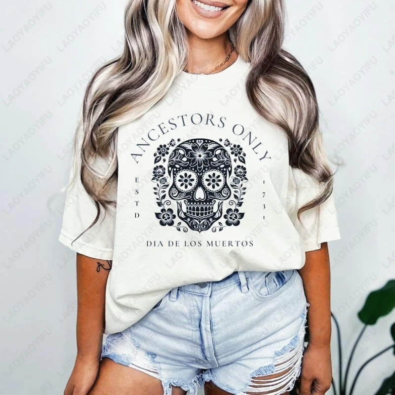 Dia De Los Muertos Ancestors Calavera camisetas hombres mujeres algodón alta calidad algodón Tops Vintage tendencia clásicos estéticos camiseta