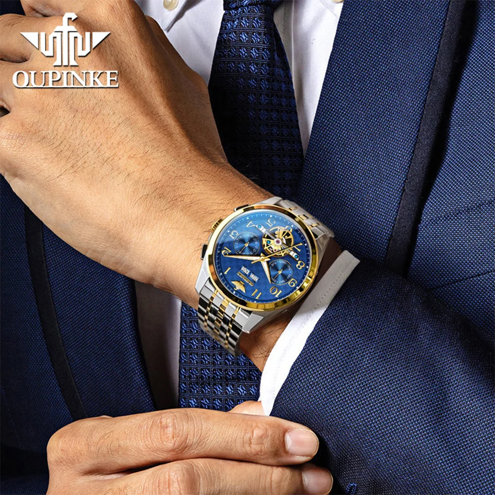 OUPINKE Men's Watches 3263 Luxury Business Original Automatic Mechanical Watch for Man Tungsten Steel Sapphire Mirror Calendar