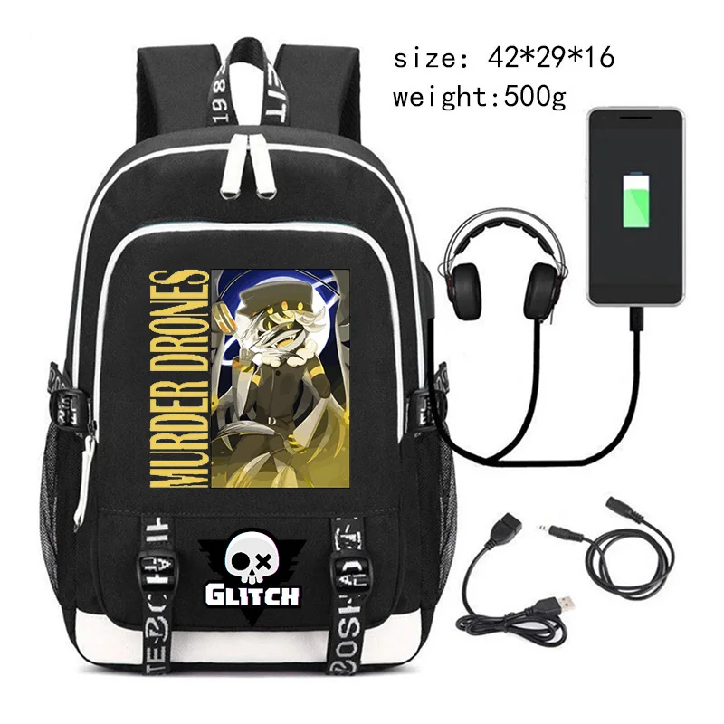 New Murder Drones Backpack for Student Boys Fashion Trend Backpack USB Laptop Bagpack Cartoon Black Girl School Bag for Teenager