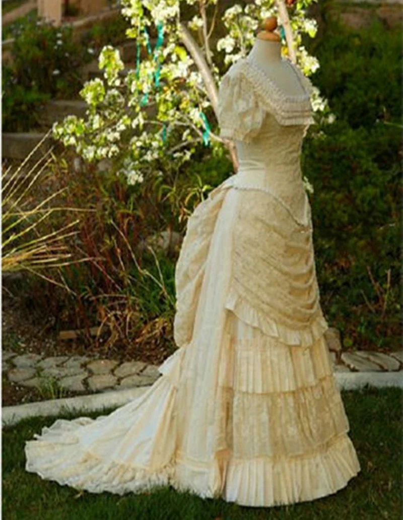 Vestido largo de encaje fruncido para mujer, traje de baile de graduación, manga corta, cuello cuadrado, Victoriano, Vintage