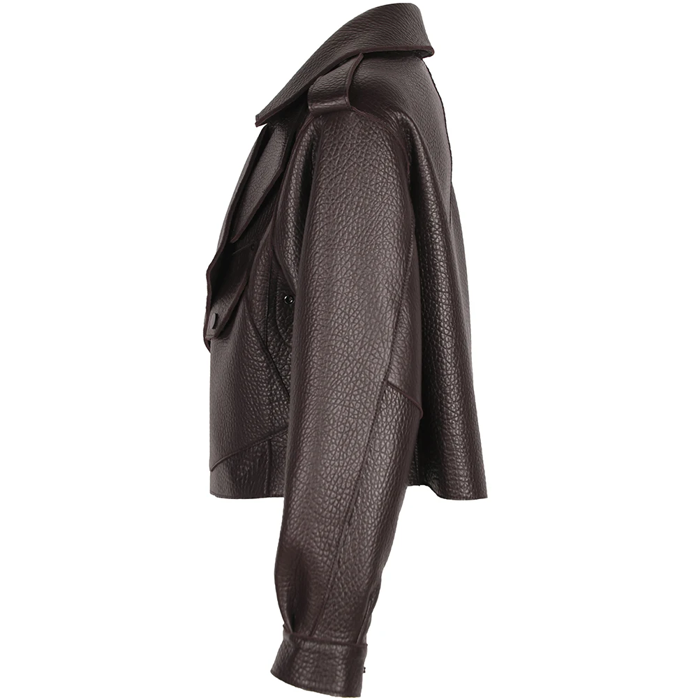 YOLOAgain 2025 Spring Dark Brown Oversized Leather Jacket Women Real Leather Jacket Female Overcoat
