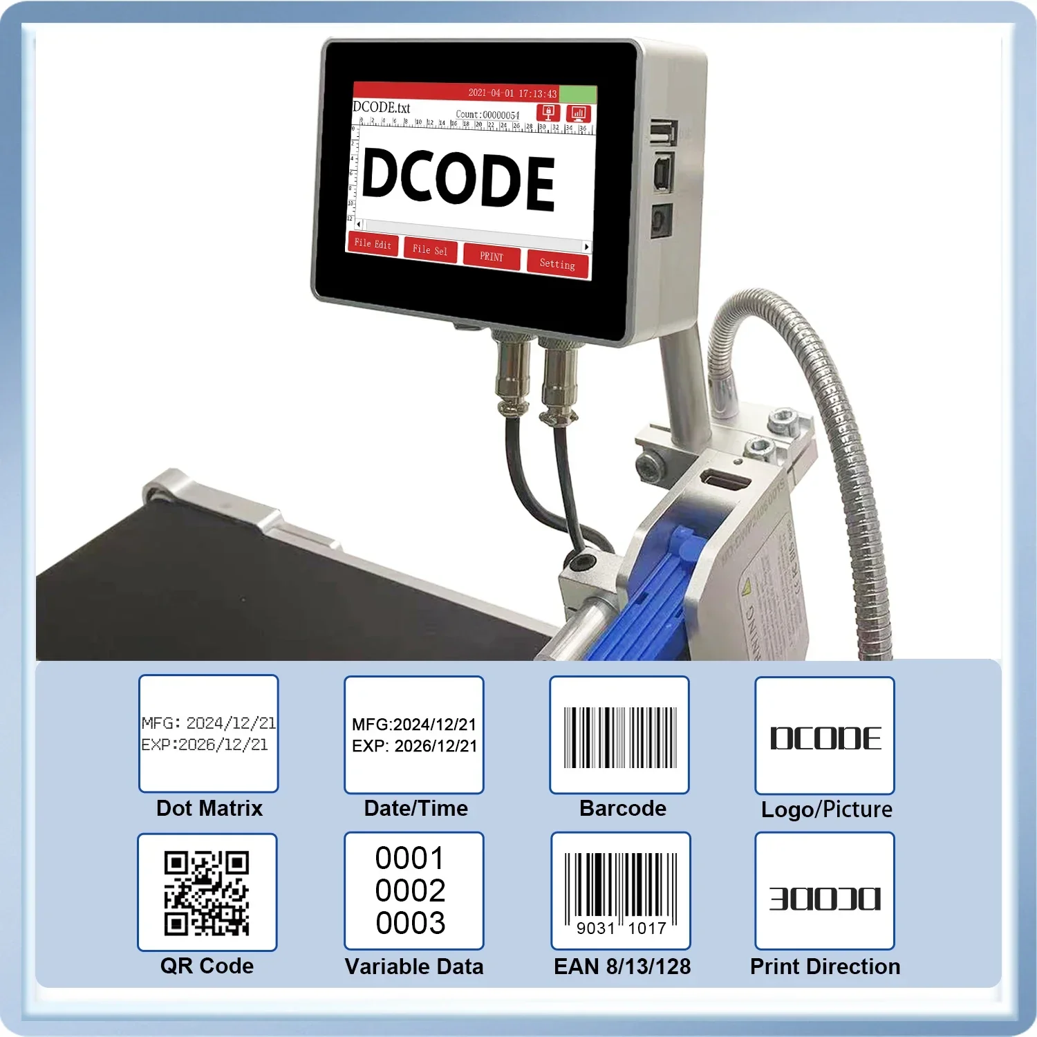 DCODE 130PRO Industrial Online Inkjet Printer 12.7/25.4mm Nozzle with Plastic Shell QR Barcode Batch Number Logo Date Printer