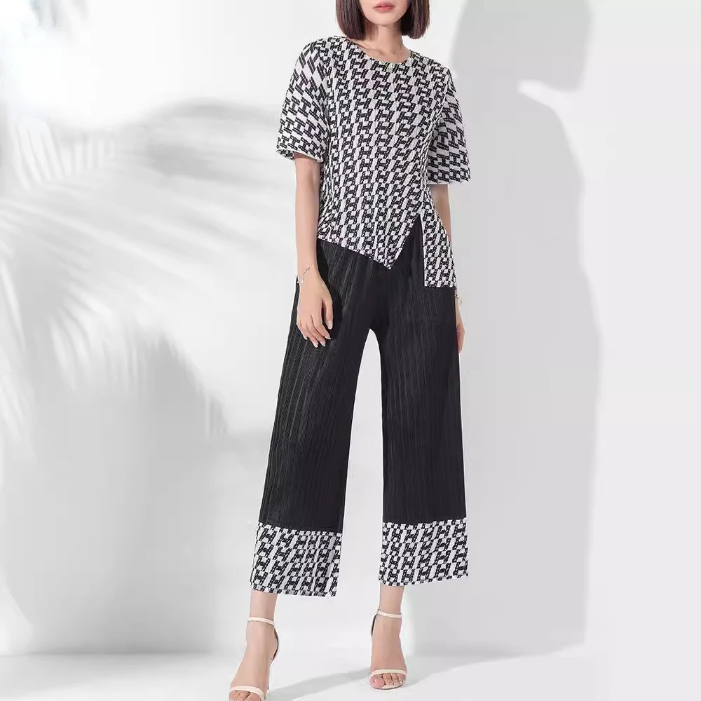 Pleated Fashion Casual Women's Set Printed Split Round Neck Short Sleeve Top + Straight Pants Two Piece Set 2024 Summer New