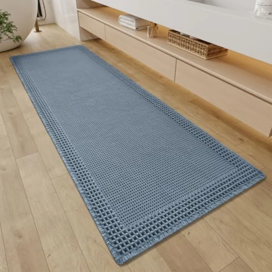 

Waffle Bathroom Runner Rugs Super Absorbent Bath Mat Non Slip Washable Quick Dry Upgraded Ultra Soft Boho Bath Rugs with Tassel