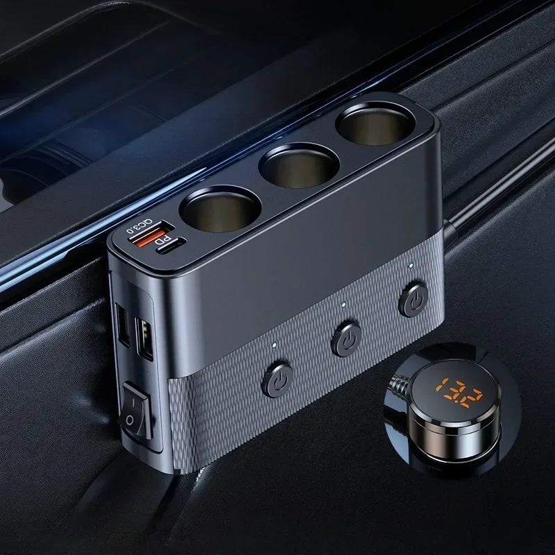

128W Car Charger Splitter Multi Ports PD30W QC3.0 Cigarette Lighter Adapter Car Cigarette Lighter Socket Splitter with Switch