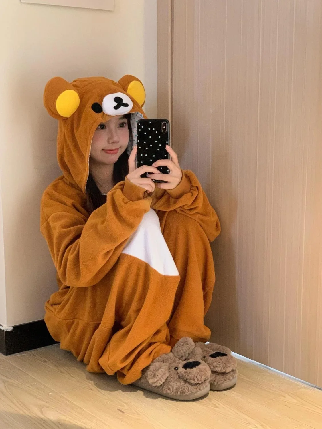 Cartoon Rilakkumas Jumpsuit Nightgown Kawaii Rilakkumas Bear Flannel Hoodie Pajamas Cosplay Rilakkumas Robe for Kids Adult