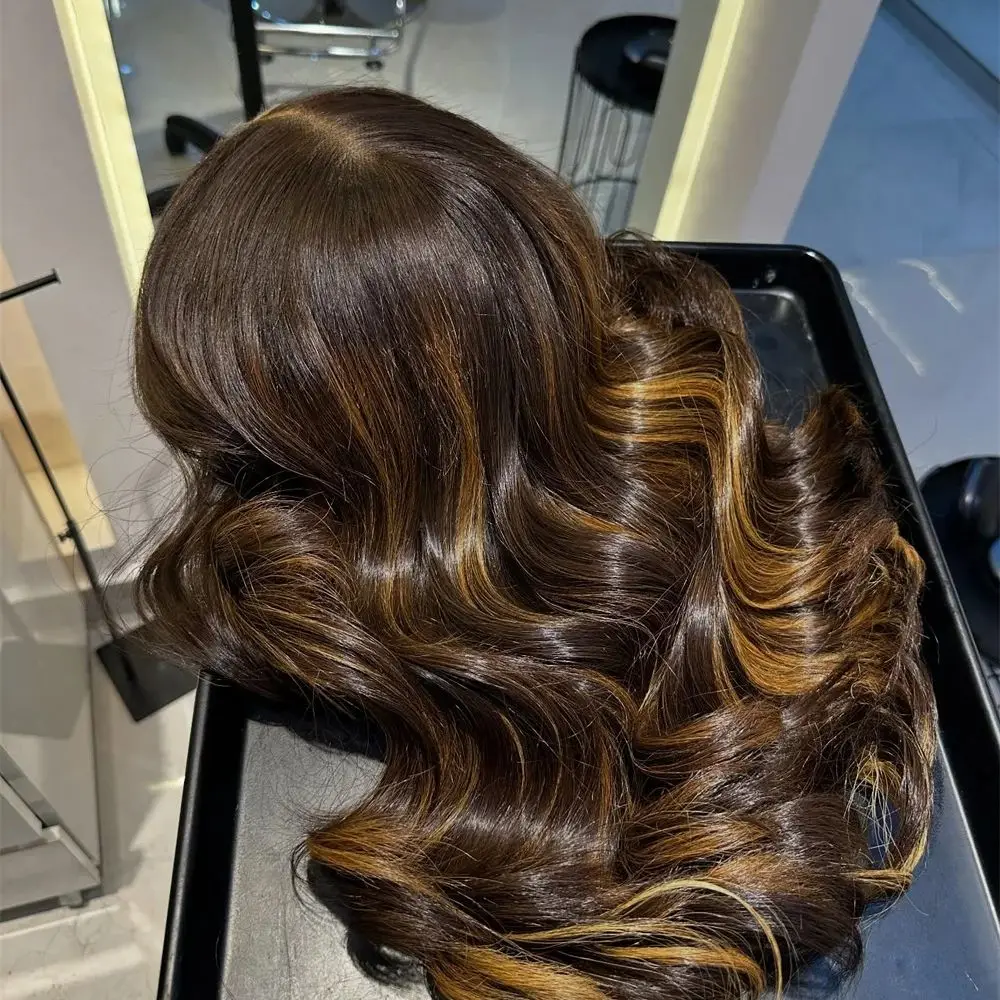 Women's Wig Ombre Dark Brown Balayage Luxury Synthetic Lace Front Wig Soft Glueless HD Lace Wig Preplucked Realistic Look Wig