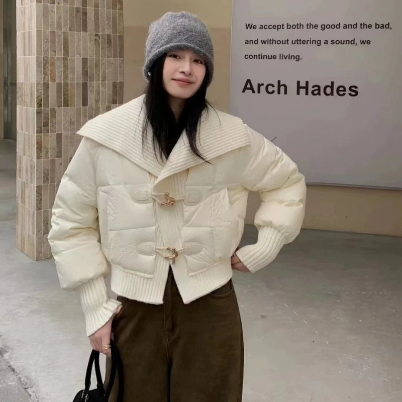 Women's Knitted Patchwork Down Jacket Winter New Style Fashionable Youthful Versatile Large Lapel White Duck Down Outerwear