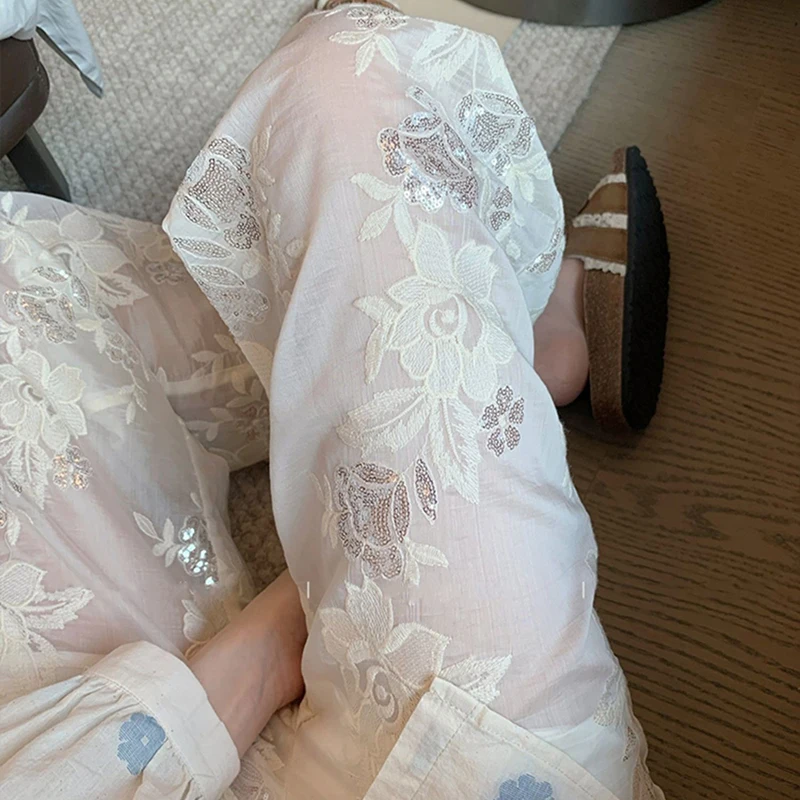 New Chinese style embroidery sequins slightly transparent wide leg pants women summer design sense loose straight leg pants