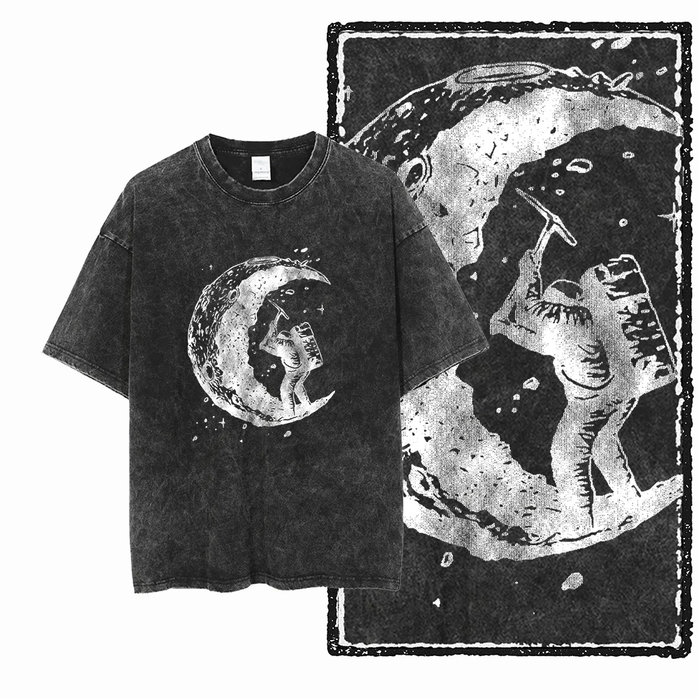 Men Women Vintage Astronaut Climbing Moon Rope Graphic T-Shirt, Oversized Space Sci-Fi Streetwear Tee，High Street Harajuku Style view 6