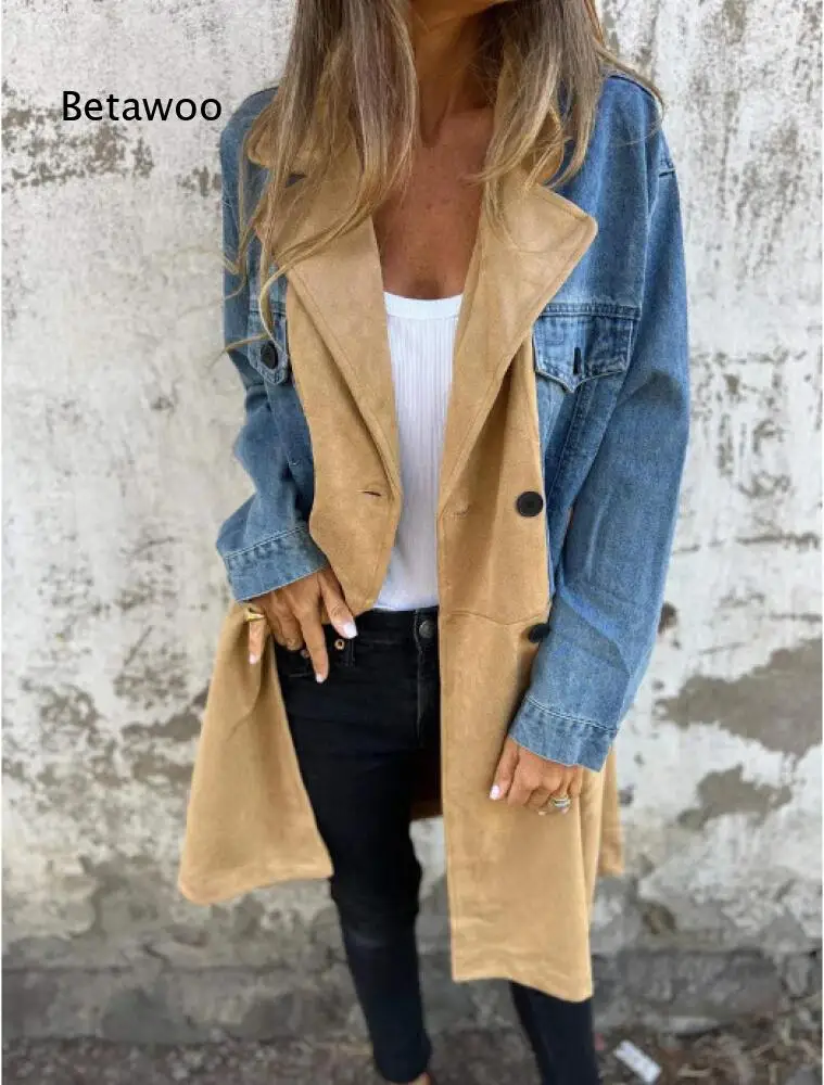 Picture 6: Loose Fit Patchwork Mid Long Coat For Women Notched Lapel Long Sleeve Outerwear For Autumn Winter Daily And Travel Wear