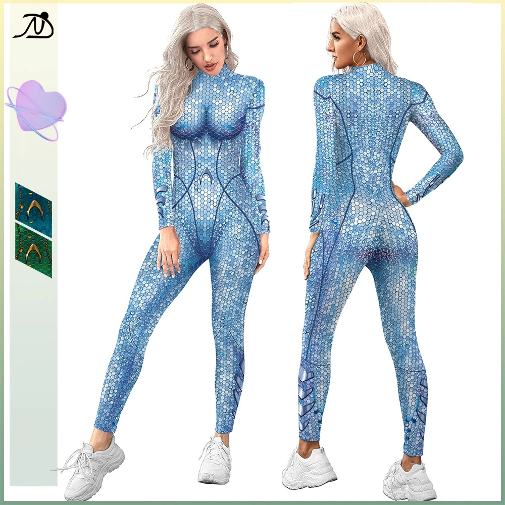 

Quality Queen Mera Amber Anime Sea Movie Comic Aqua Sequins Women Sexy Skinny Jumpsuit Cosplay Superhero Bodysuit Fancy Dress