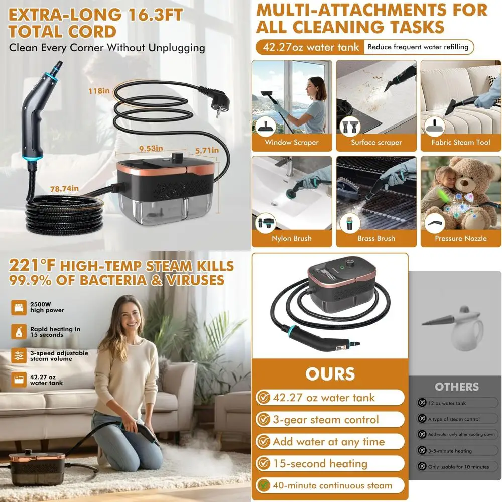 

Portable 15-Second Heat-Up Steam Cleaner, 42.27oz Tank, 2500W, 15 Accessories, Ideal for Home, Cars, and More