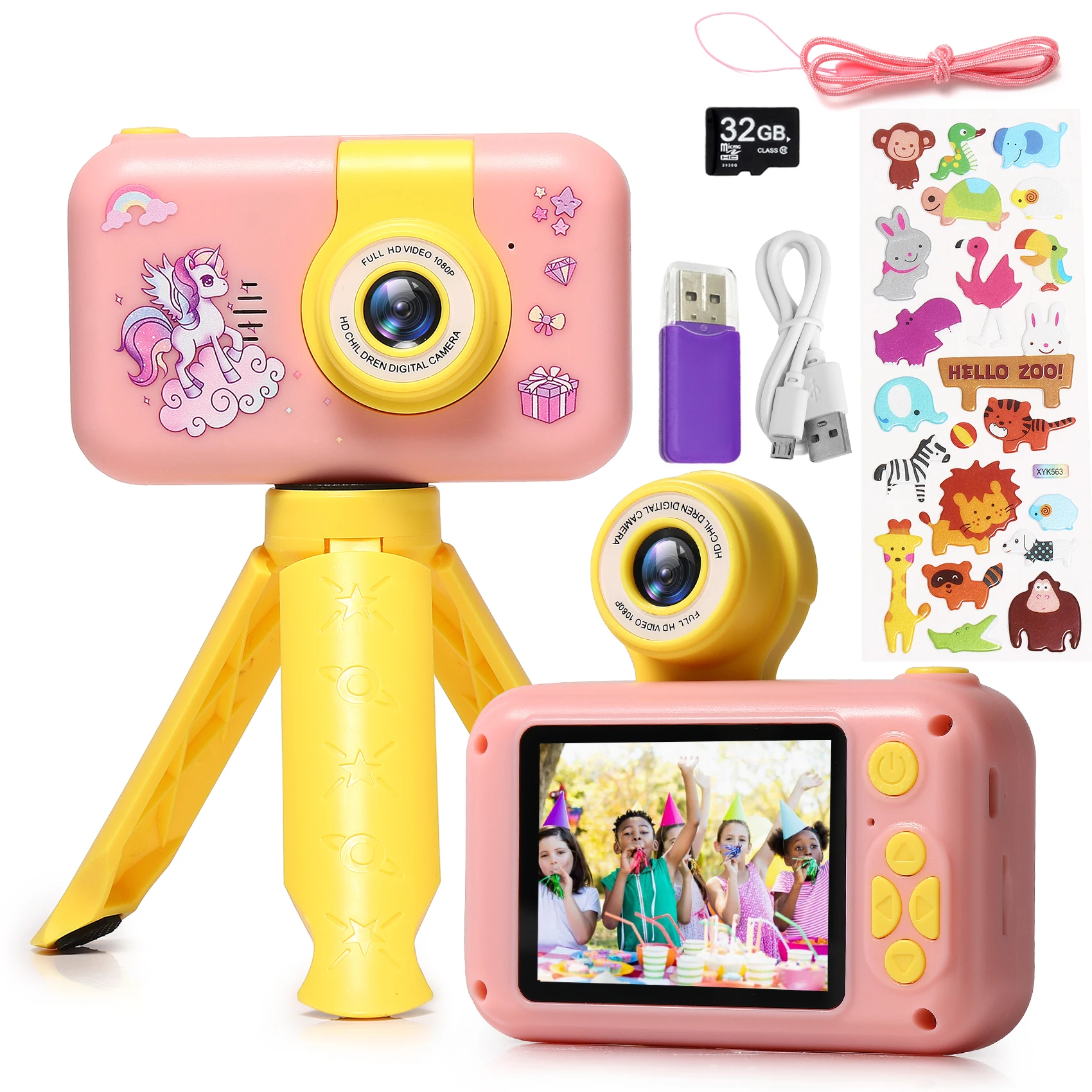 HD 2000W Pixels Kids Camera Cartoon Cute Children Video Digital Camera with Flip-up Lens for Selfie Birthday Gift for Girls Boys