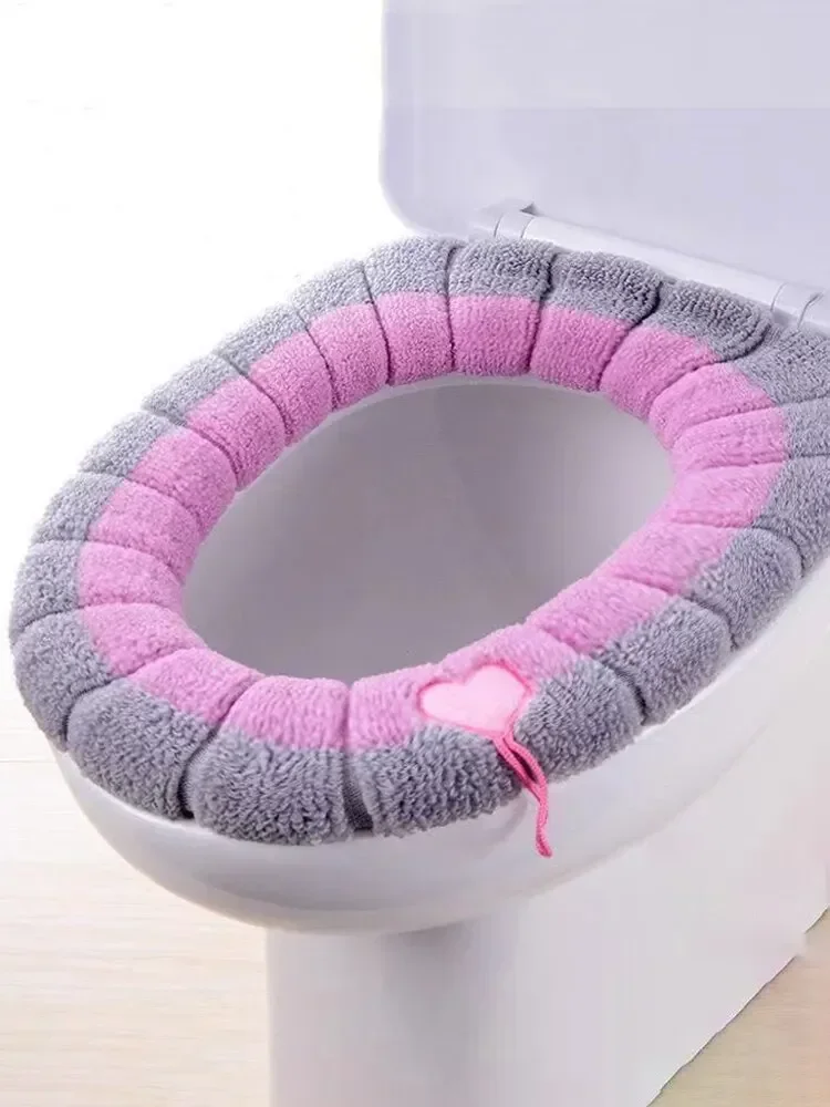 1 Pack Stitched Color Portable Knitted Toilet Mat Thickened Washable Antifreeze Toilet Cover Thickened Knitted O Type Universal